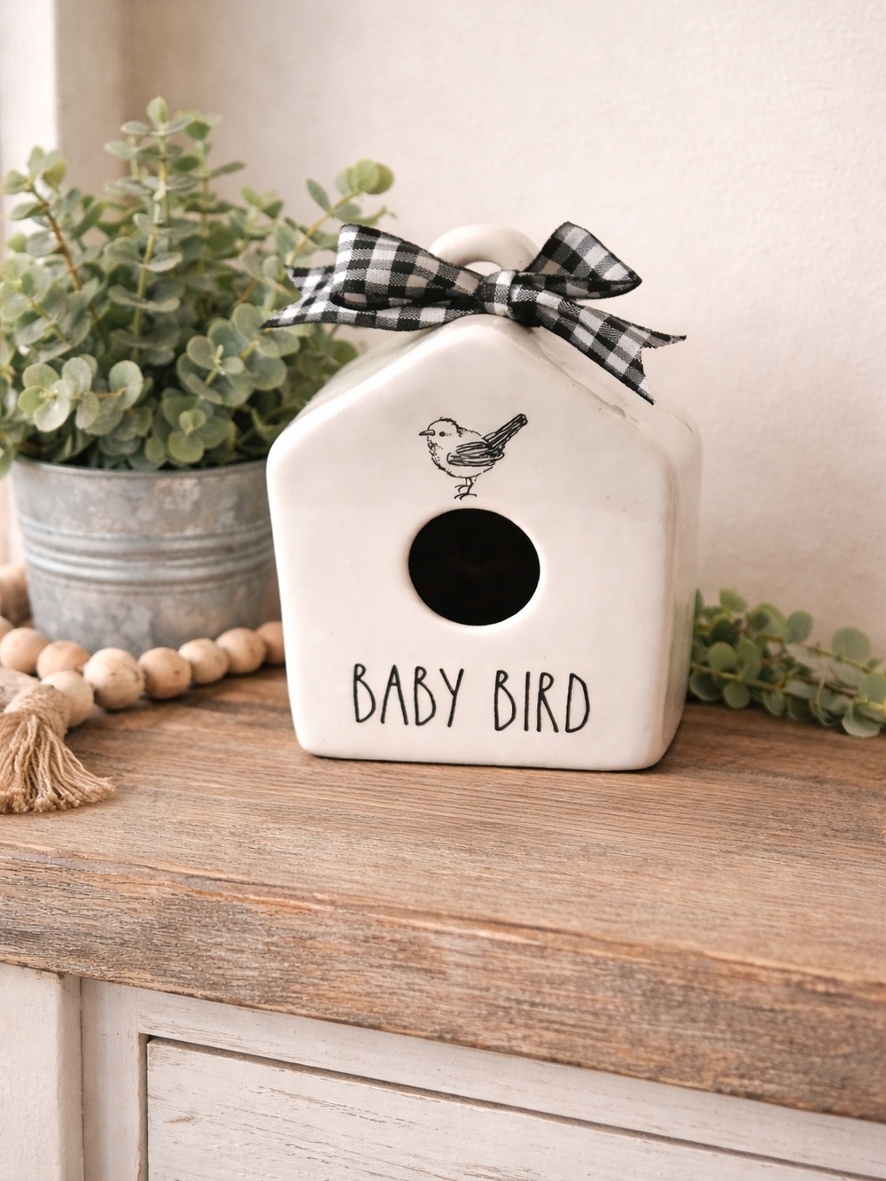 Rae Dunn Cream and Black "Baby Bird" Birdhouse Figurine